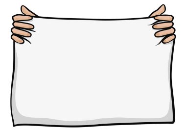 Boş sayfadaki şablon iki elle tutulmuş. Beyaz arkaplan üzerinde çizgi film tarzı tasarım.