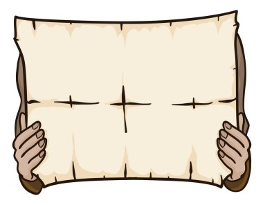 Kadim ve açık bir parşömeni tutan eller. Çizgi film tarzında izole edilmiş tasarım.