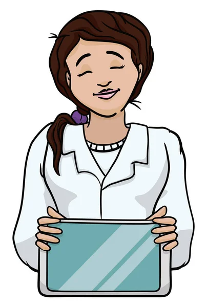Mujer Feliz Con Bata Laboratorio Como Científico Médico Sosteniendo Una — Archivo Imágenes Vectoriales
