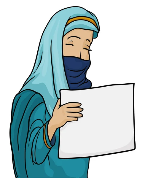Vzor Šablony Ženou Modrém Hidžábu Držící Prázdné Noviny Rukama Design — Stockový vektor