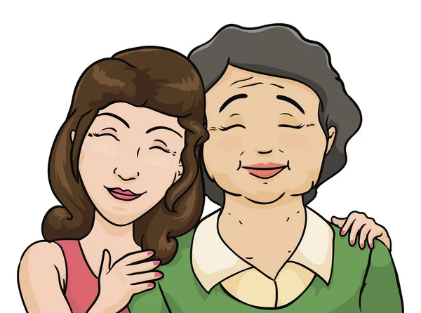 年上の女性を抱きしめる幸せな女性とのかわいいシーン 漫画風の娘と母の肖像 — ストックベクタ