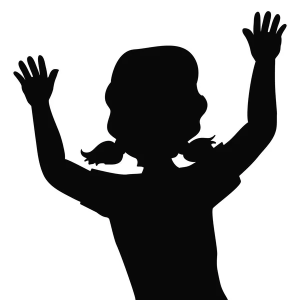 快乐的女孩 留着辫子 高举双手 在白色背景上保持着黑色的轮廓 — 图库矢量图片