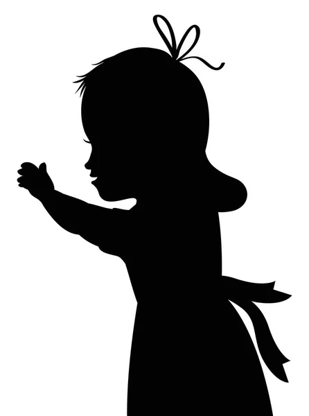 一个可爱的小女孩的黑色轮廓 她高傲的手 雅致的衣服 头戴蝴蝶结 — 图库矢量图片