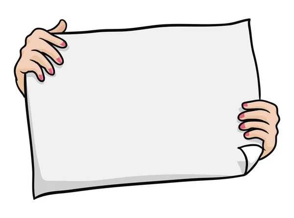 Hands Holding Inclined Blank Paper Template Design Cartoon Style White — Stock Vector