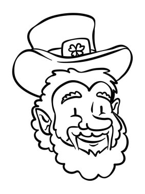 Leprikon başlıklı boyama tasarımı, sivri kulaklar, sakal, mutlu jest ve ana hatlarıyla silindir şapka..