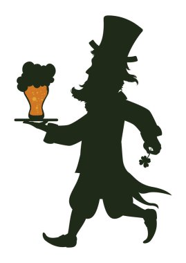 Leprikon kostümlü garson silueti. Silindir şapka, yonca ve sakallı. Yanında köpüklü bir bira bardağı tepsisi taşıyor..
