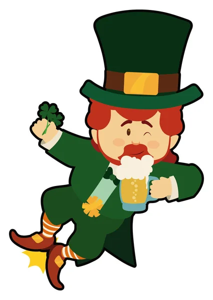 Festive Leprechaun Green Clothes Clicking His Heels While Drinking Beer — Stock Vector