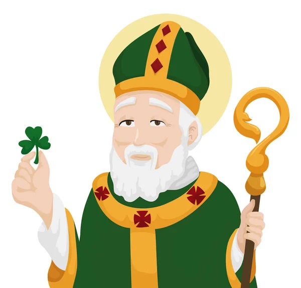 Portrait Saint Patrick His Bishop Robes Holding Shamrock Illustration Cartoon — Stock Vector