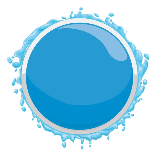 シルバーフレームと水のスプラッシュで飾られた青光沢のあるボタンを持つ水のテンプレート 漫画風デザイン — ストックベクタ