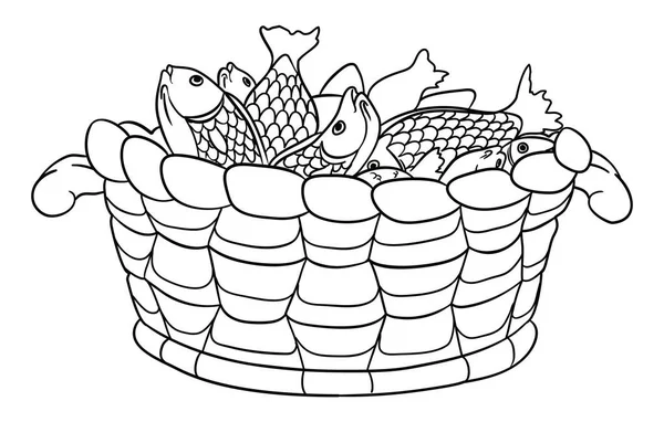 Desenho Para Colorir Com Cesta Artesanal Cheia Peixes Contornos Sobre —  Vetores de Stock