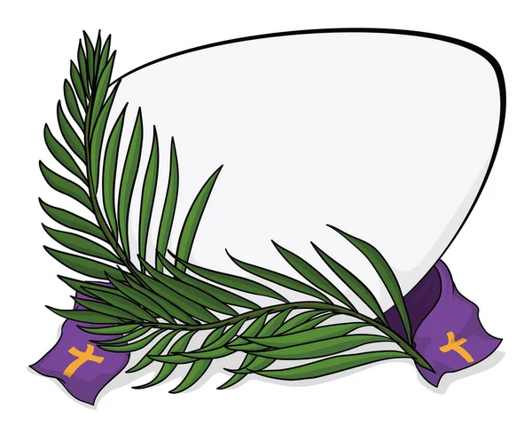 带有空白标志的模板设计 绿色棕榈枝和紫色装饰的棕榈周日十字架 卡通风格设计 — 图库矢量图片