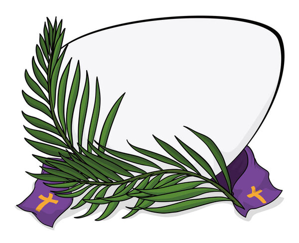 Template design with blank sign, green palm branches and purple stole decorated with crosses for Palm Sunday. Cartoon style design.