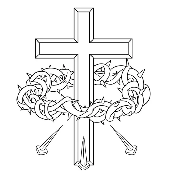 彩色活動のための輪郭の十字架 とげと爪の冠を持つイースター宗教要素のグループ — ストックベクタ