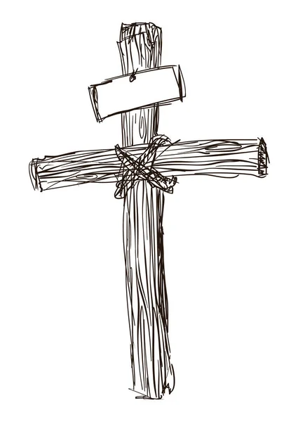 Rysunek Drewnianego Krzyża Chrześcijańskiego Przymocowanego Sznurkami Pustym Znakiem Białym Tle — Wektor stockowy