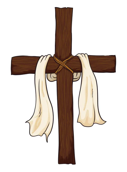 Cruz Madera Cristiana Aislada Decorada Con Ropa Blanca Como Símbolo — Archivo Imágenes Vectoriales