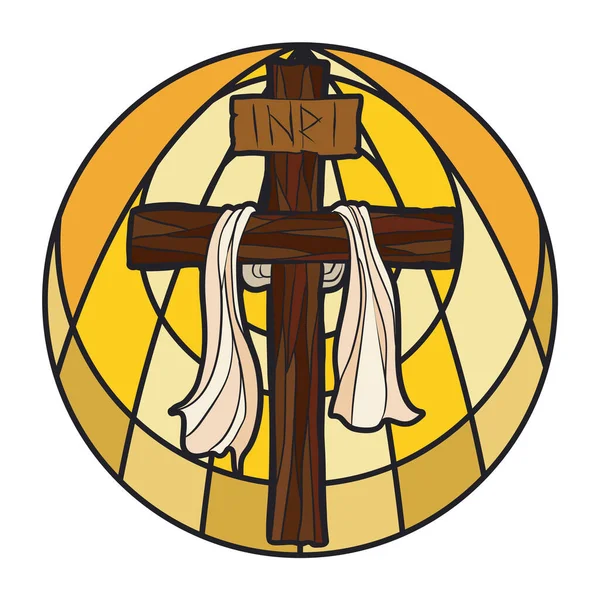 Runder Knopf Wie Eine Glasmalerei Mit Christlichem Kreuz Und Weißem — Stockvektor
