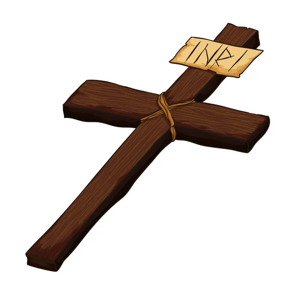 キリスト教のクロス横には 木製の材料の文字列とInri記号に関連付けられている 漫画風デザイン — ストックベクタ