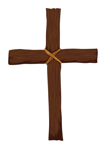 Христианский Крест Деревянной Текстурой Закрепленный Струнами Дизайн Стиле Мультфильма Белом — стоковый вектор