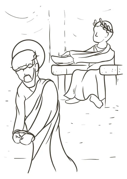 耶稣受难节的画像 代表第一个站 耶稣是由庞迪斯 彼拉多审判的 — 图库矢量图片