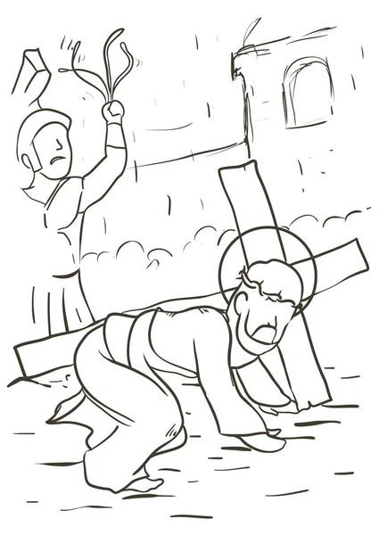 十字架経由の絵を描く 第三の駅を表す イエスは疲れと兵士が彼を鞭 — ストックベクタ
