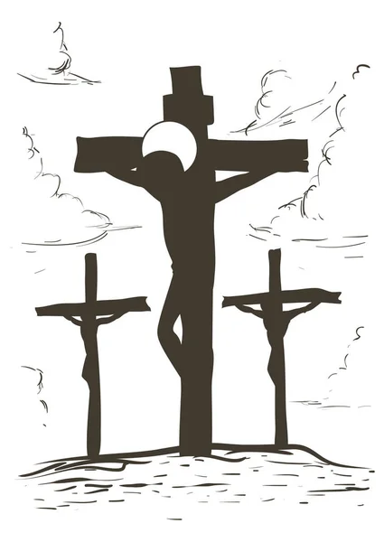 十字架の上でイエスは二人の有罪判決を受けた泥棒の間で十字架で死にます — ストックベクタ