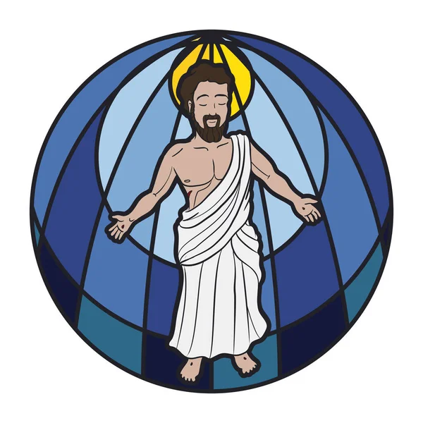 耶稣复活后的圆形按钮 用彩色玻璃样式显示耶稣的形象 — 图库矢量图片