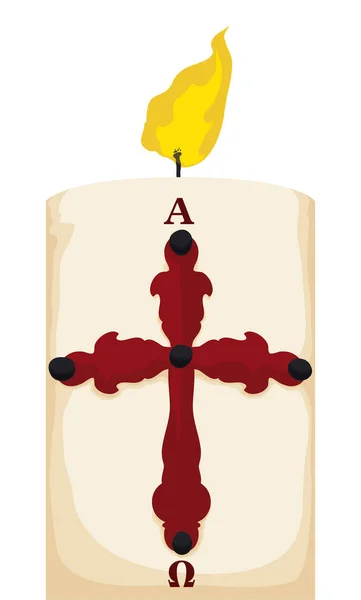 Vela Pascual Religiosa Blanca Con Llama Encendida Decorada Con Cruz — Vector de stock