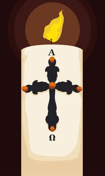 十字架 穀物や宗教的なシンボルで飾られた牧歌的なキャンドル 暗い背景に輝く 漫画風デザイン — ストックベクタ