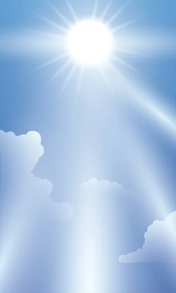 輝く太陽 陽射しといくつかの雲と美しい青空 グラデーション効果の垂直テンプレートデザイン — ストックベクタ