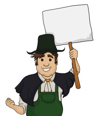 Pelerinli, tulumlu, şapkalı, yumruklu ve boş tabelalı mutlu ve tombul çiftçi. Çizgi film tarzında şablon.