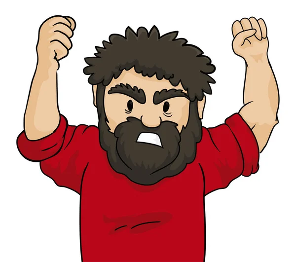 怒りのジェスチャーで髭を生やした男と赤いシャツを着て拳を上げた 白地に漫画風のデザイン — ストックベクタ
