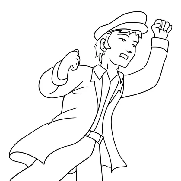 トレンチコート ベレー帽で抗議し 拳を上げる男 着色活動の概要の設計 — ストックベクタ