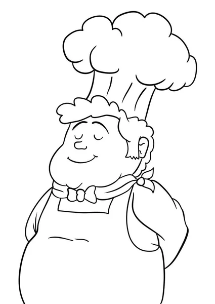 笑顔と閉じた目で自慢のぽっちゃり男性料理 エプロン Kerchiefと背の高いシェフの帽子 着色アウトラインのデザイン — ストックベクタ