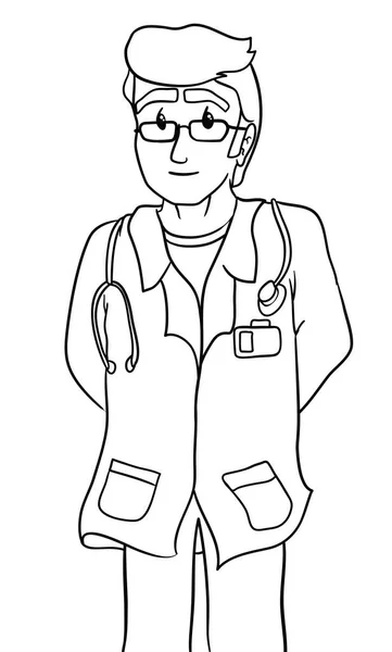 聴診器 ラボコート Idカードとメガネを持つ男性医師 着色用アウトラインデザイン — ストックベクタ