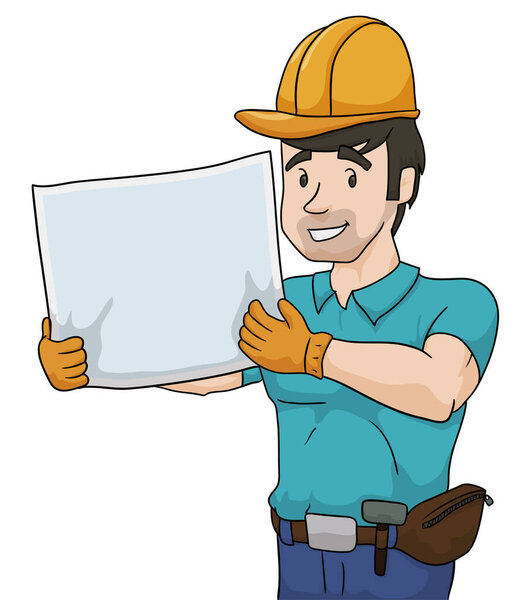 Улыбающийся строитель, одетый в поясную сумку, рабочие перчатки и каску, пока держит чистый лист бумаги. Шаблон в стиле мультфильма.