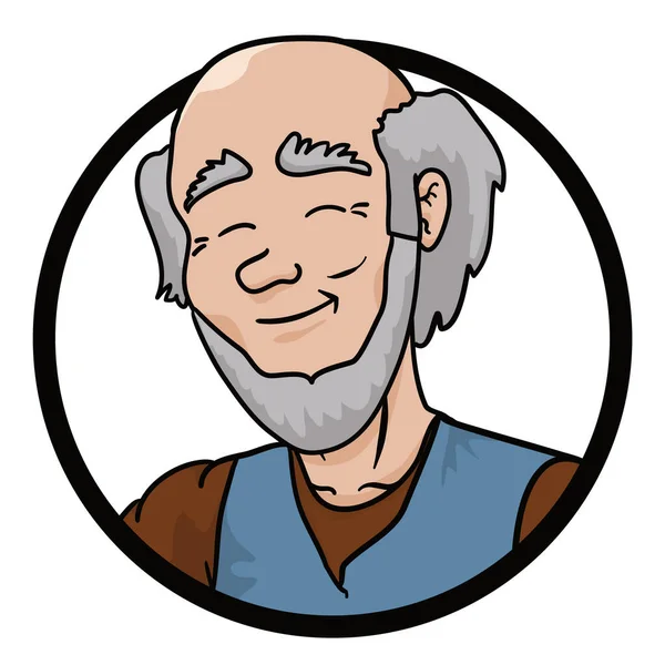 丸いボタンの中にはげ頭とひげを持つ幸せな老人の顔 漫画風の肖像画 — ストックベクタ