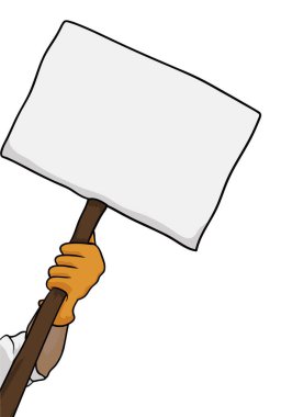 Eldivenli bir işçi kolu boş bir afişle tahta bir sopa tutuyor. Çizgi film tarzında şablon.