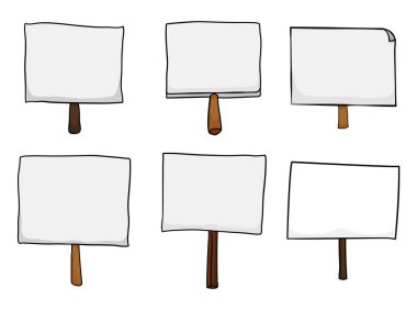 Çizgi film tarzı ahşap saplı altı pankart grubu. Beyaz arkaplanda şablonlar.