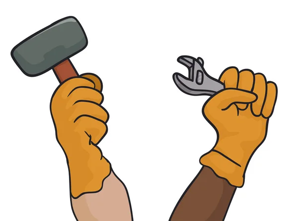 设置两个工人的手臂 一个用锤子 另一个用可调扳手 白色背景的卡通风格设计 — 图库矢量图片