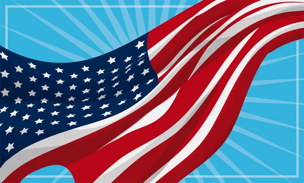 蓝色背景的横幅和飘扬的美国国旗 装饰着半透明的框架 卡通风格的设计 — 图库矢量图片