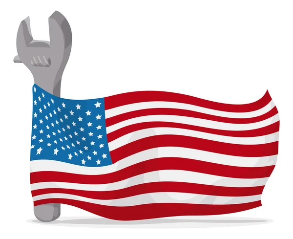 美国国旗可调扳手白色背景卡通风格爱国设计 — 图库矢量图片
