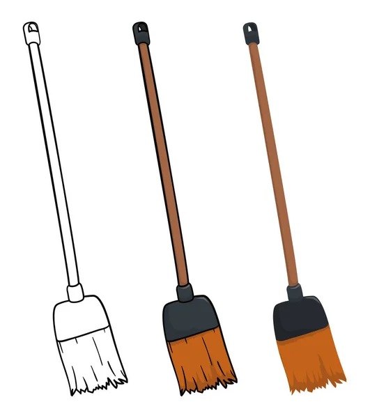 Three Brooms Different Versions One Outlines Coloring Cartoon Variations — Stock Vector