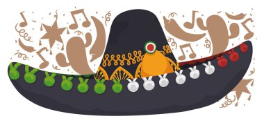 Festive design with black mariachi hat decorated with Mexican colors and silhouettes of elements of this culture. clipart