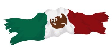 Yırtık kenarlı, yaşlı ve buruşuk Meksika bayrağı. Beyaz arkaplanda çizgi film tasarımı.