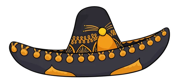 Beautiful Black Mariachi Hat Golden Ornaments Cartoon Style White Background — Stock Vector