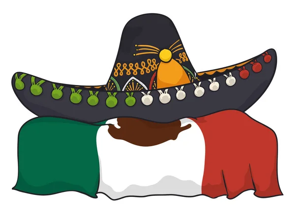 Svart Mariachi Hatt Med Färgglada Broderi Mexikansk Flagga Tecknad Stil — Stock vektor