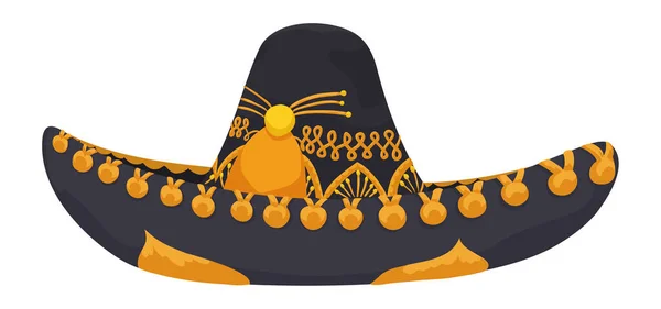 金のバッジと刺繍で飾られた黒いマリアーチ帽子 白い背景の漫画のスタイルで — ストックベクタ