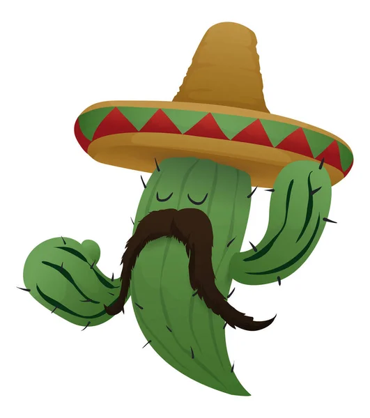 Mexican Character Green Cactus Big Mustache Wearing Charro Hat Isolated — Stock Vector