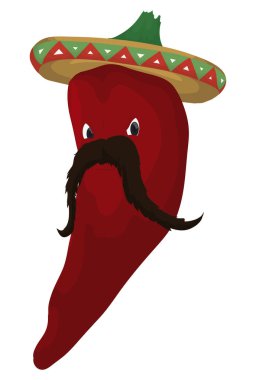 Büyük bıyıklı kızgın kırmızı biber ve çizgi film stili şapka..