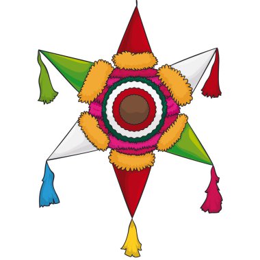 Hanging pinata in the shape of a traditional star, made with colorful papers. Cartoon style design. clipart